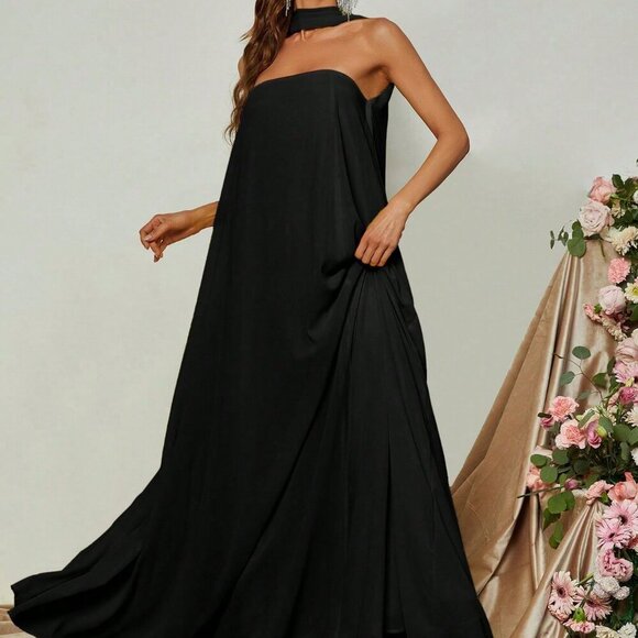 Black Elegant Women's Sophisticated Off-The-Shoulder A-Line Evening Gown - Picture 6 of 6